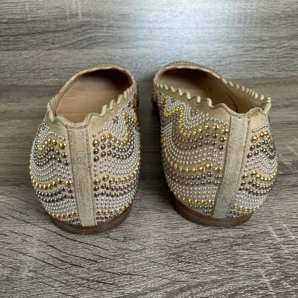 Chloe Lauren Ballet Flats 8.5 / 39 Scalloped Studded Tan Suede Gold Silver - Picture 5 of 12